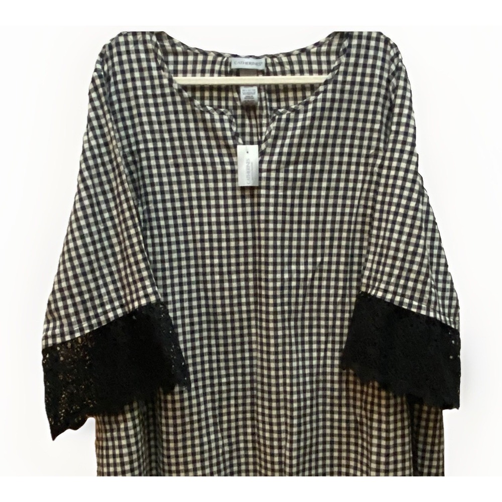 Catherines 22/24 Embroidered 3/4 Sleeve Blouse Black/White Check Boho Cottage